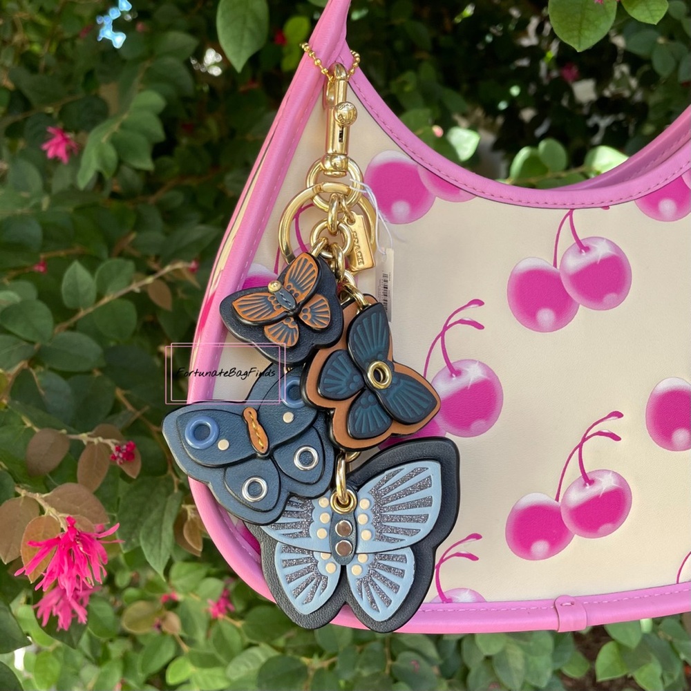 Coach Butterfly Cluster Bag Charm C8224 in Denim Blue Glitter & Tan Leather